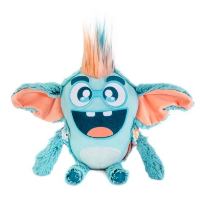 Pelúcia azul claro com orelhas grandes e cabelo colorido