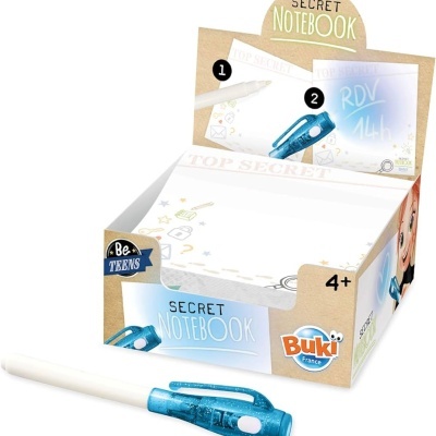 Bloco de notas Secret Notebook com caneta azul em embalagem de cartão