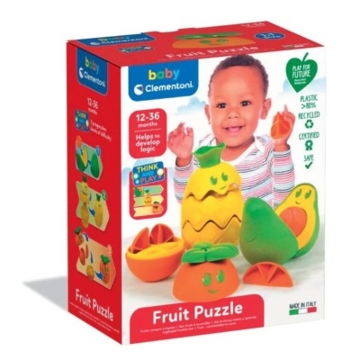 Caixa colorida do puzzle infantil Fruit Puzzle da Clementoni com frutas em plástico reciclado.