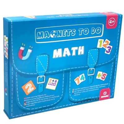 Caixa azul 'MAGNETS TO DO MATH' com números coloridos e mala escolar ilustrada