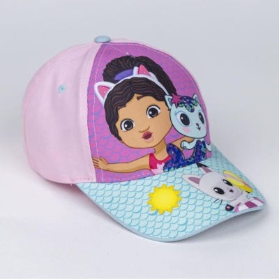 Boné infantil rosa com personagens coloridos e padrão de escamas azul claro