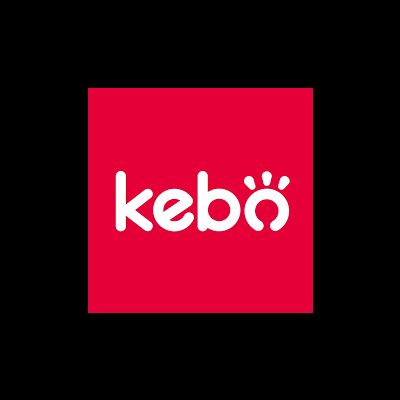 Logótipo branco da marca 'kebo' com fundo vermelho