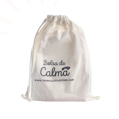 Bolsa branca de tecido com cordão e texto impresso