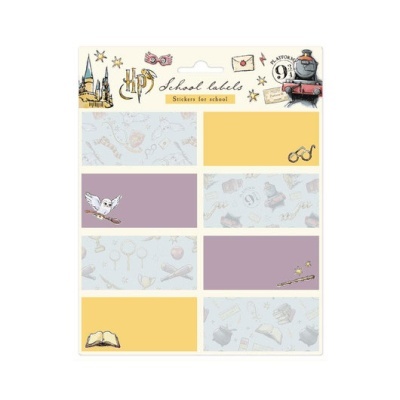 Etiqueta escolar autocolante Harry Potter com várias imagens e cores pastel.