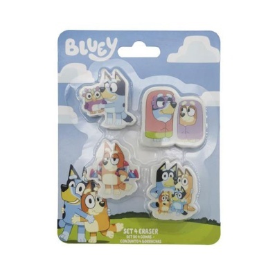 Conjunto de 4 borrachas com personagens Bluey em embalagem azul com nuvens