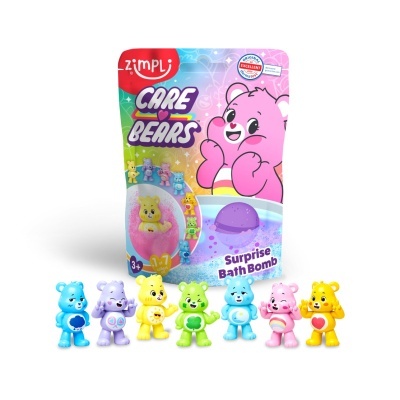 Embalagem Zimpli Care Bears com bolas efervescentes para banho e sete bonecos Care Bears coloridos