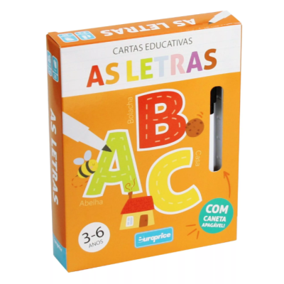 Caixa de cartas educativas 'AS LETRAS' com letras A, B, C coloridas e caneta apagável