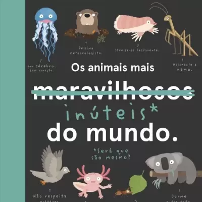 Capa de livro com ilustrações de animais e texto em português sobre fundo cinzento escuro
