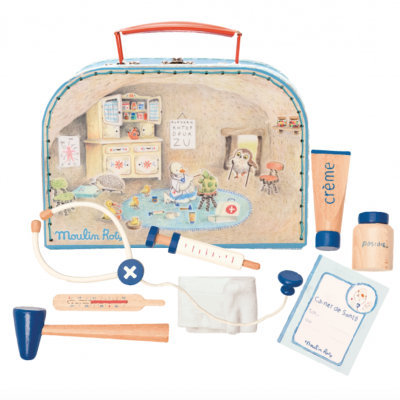 Brinquedo conjunto médico com mala ilustrada e acessórios coloridos