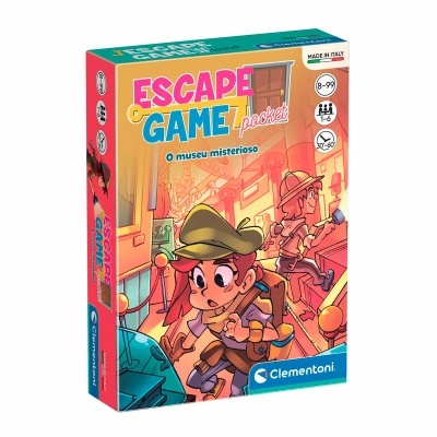 Caixa do jogo Escape Game Pocket O museu misterioso com ilustração de personagens em investigação