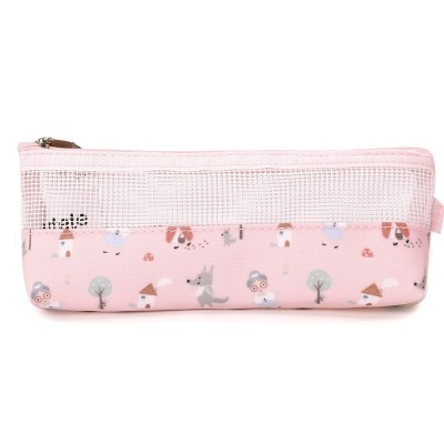 Estojo escolar rosa com motivos infantis e tampa transparente em malha