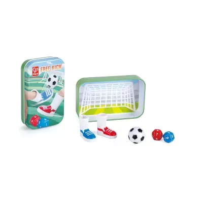 Jogo de futebol de dedo com caixa metálica e acessórios coloridos