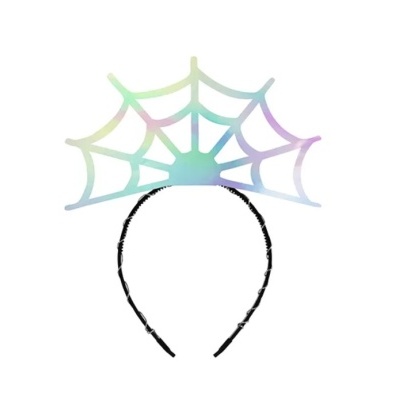 Aro de cabelo preto com teia de aranha colorida em tons pastel