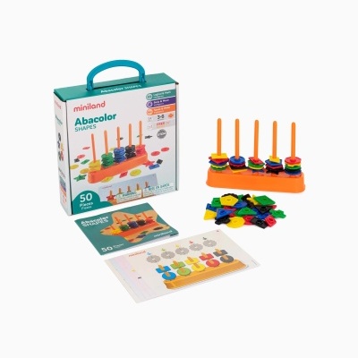Jogo educativo Miniland Abacolor Shapes com peças coloridas e base laranja