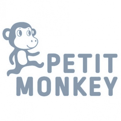 Logotipo azul com um macaco estilizado e texto 'PETIT MONKEY'