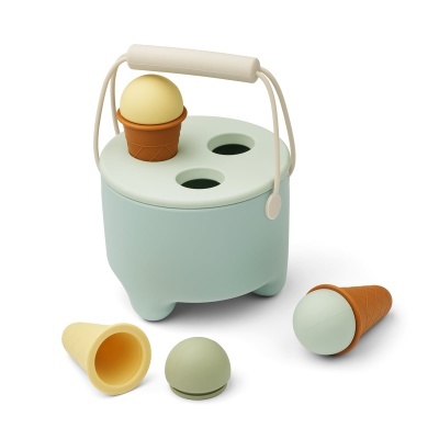 Conjunto de brinquedo de gelados em plástico com balde verde-água e bolas coloridas em cones