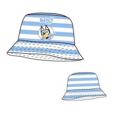 Chapéu tipo pescador azul e branco com imagem de cão e texto BLUEY