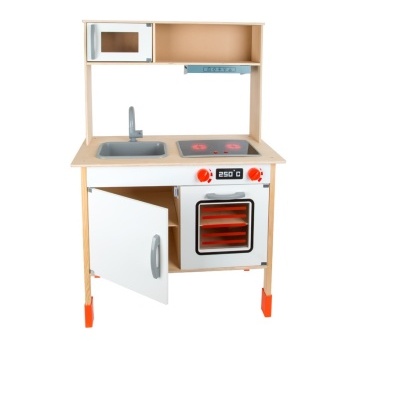 Cozinha de brincar em madeira com forno, placa de fogão e lava-loiça