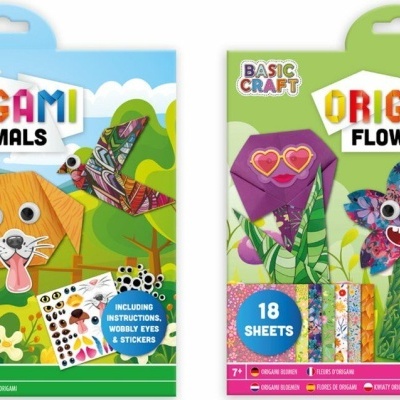 Conjuntos de origami da BASIC CRAFT com temas de animais e flores, incluindo materiais e instruções.