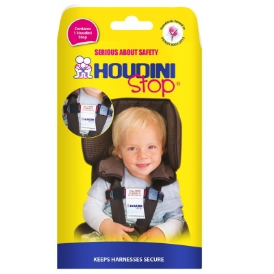 Embalagem amarela do produto Houdini Stop com foto de criança num arnês de segurança