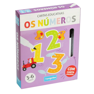Caixa de cartas educativas 'Os Números' com caneta apagável e ilustrações coloridas