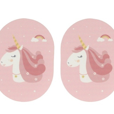 Adesivos ovais cor-de-rosa com unicórnio branco e cabelo rosa