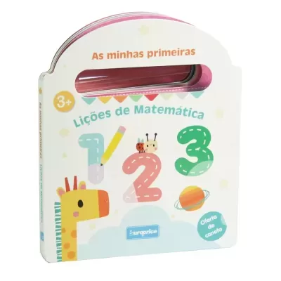 Livro infantil 'As minhas primeiras Lições de Matemática' com ilustrações coloridas e alça recortada