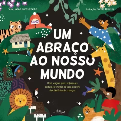 Capa colorida de livro infantil com animais e crianças, texto em português.