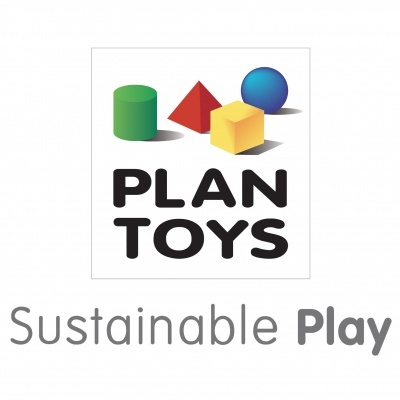 Logótipo da Plan Toys com figuras geométricas e texto Sustainable Play