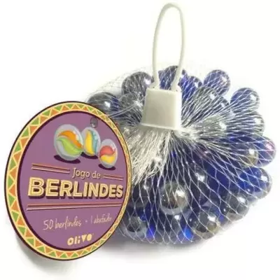 Conjunto de berlindes azuis e transparentes em saco de rede branco com etiqueta roxa