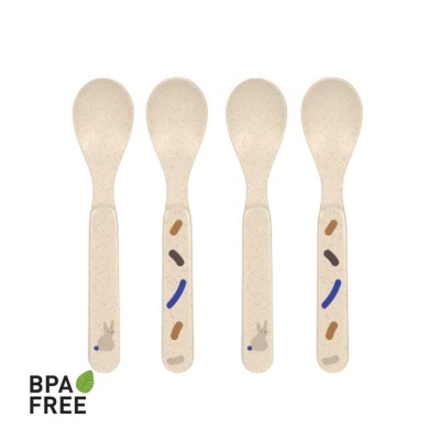 Conjunto de quatro colheres infantis bege com desenhos coloridos e selo BPA FREE