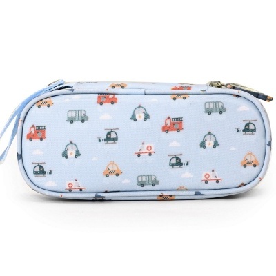 Estojo escolar azul com desenhos de veículos coloridos