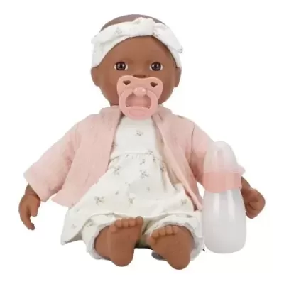Boneca bebé com vestido branco e casaco rosa, chupeta e mamadeira rosa
