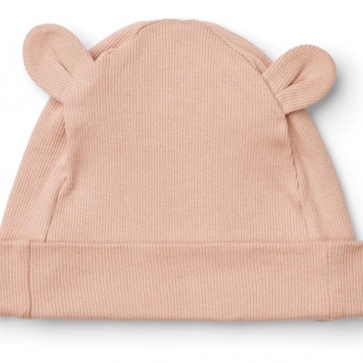 Gorro rosa claro com orelhas de urso em malha