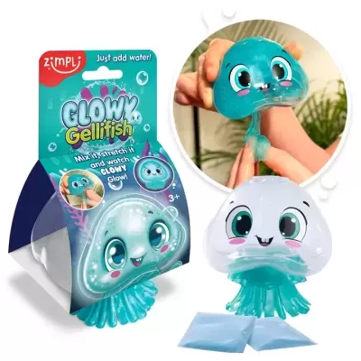 Brinquedo Glow Jellyfish azul e branco com olhos grandes em embalagem colorida