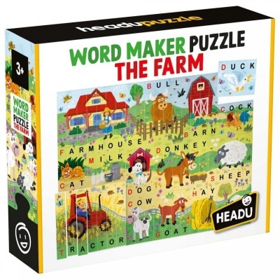 Caixa do puzzle 'Word Maker Puzzle The Farm' com imagens coloridas e palavras em inglês, da marca Headu.