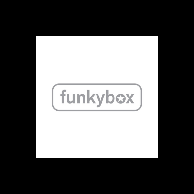 Logótipo 'funkybox' cinza com estrela no 'o' dentro de retângulo cinza