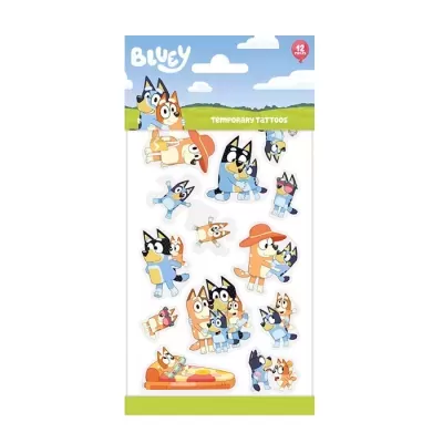 Pacote de tatuagens temporárias Bluey com 12 tatuagens coloridas de personagens cartoons