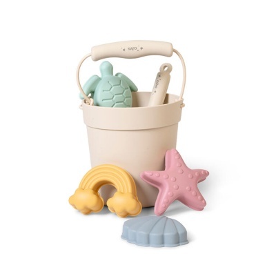 Conjunto de brinquedos para areia com balde beige e moldes coloridos
