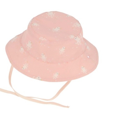 Chapéu infantil rosa com padrões brancos e fitas para amarrar