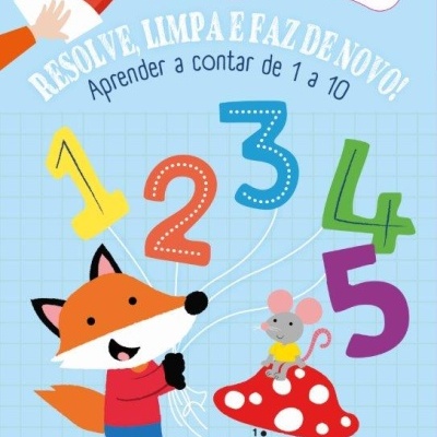 Livro infantil azul com raposa e balões numerados, texto em português.