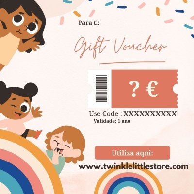 Voucher digital colorido com texto em português e inglês e ilustrações de crianças