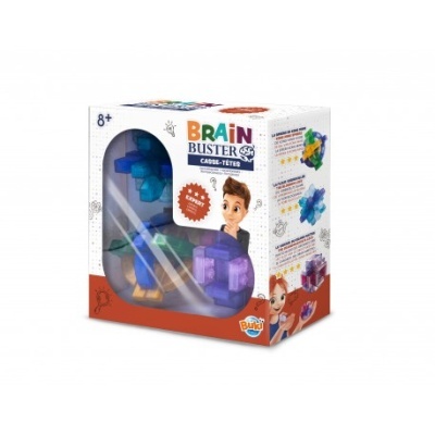 Embalagem do jogo Brain Buster com peças de puzzle coloridas visíveis