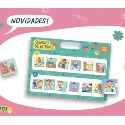 Quadro de rotinas com ilustrações coloridas e duas peças adicionais em fundo rosa