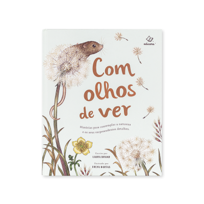 Capa de livro com ilustração de rato, flores e texto em castanho