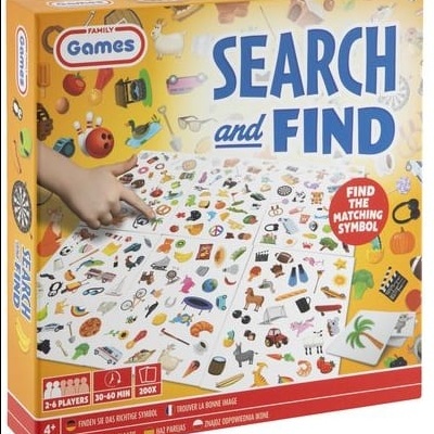 Caixa de jogo de tabuleiro SEARCH and FIND da FAMILY Games com várias imagens coloridas