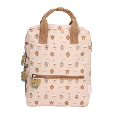 Mochila rosa claro com padrão de ursos e alças castanhas