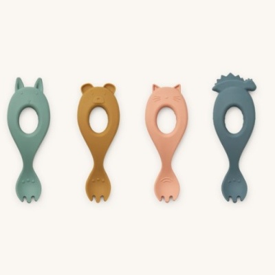 Conjunto de quatro colheres de silicone coloridas em formato de animais
