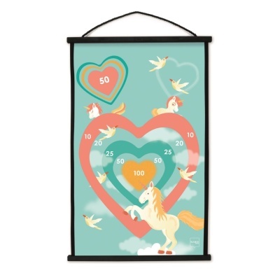 Alvo decorativo com corações coloridos, unicórnio e aves em fundo azul