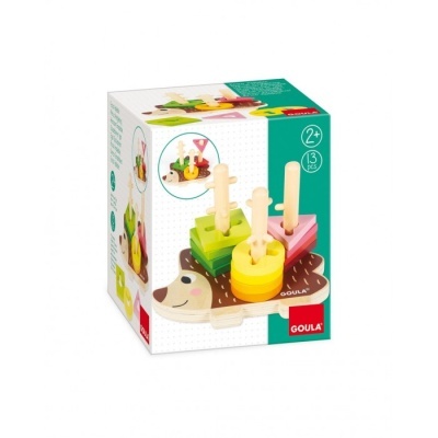 Brinquedo de madeira colorido para empilhar, base em forma de ouriço e embalagem da marca GOULA